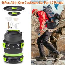 16Pcs Camping Cooking Ware Set Camping Stove Cookware Kit Aluminum Pot Pan Kettle Set With Bowls Knife Fork Spoon Carabiner Spatula Cutting Board For Hiking Picnic Outdoor - Green - View 3