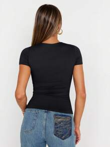 GEREARC Women's Square Neck Cute Short Sleeve T Shirts Double Lined Basic Tee Slim Fit Tops - 黑色 - 查看 2