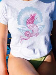 Women's Crop Tops Summer Short Sleeve Round Neck Sea Animal Print Baby Tees - Pink - View 2