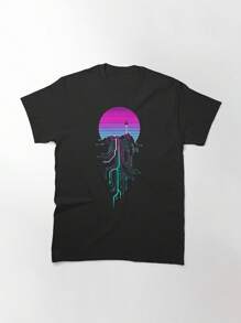 Vaporwave Aesthetic Cyberpunk Mountain Sunset Classic T-Shirt, Women's T-Shirt, 220g Pure Cotton, Casual Crew Neck, Perfect For Hiking, Casual Trips, Or Relaxing. - 黑色 - 查看 1