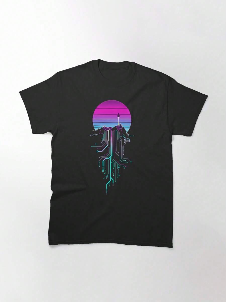 Vaporwave Aesthetic Cyberpunk Mountain Sunset Classic T-Shirt, Women's T-Shirt, 220g Pure Cotton, Casual Crew Neck, Perfect For Hiking, Casual Trips, Or Relaxing. - 黑色 - 查看 1