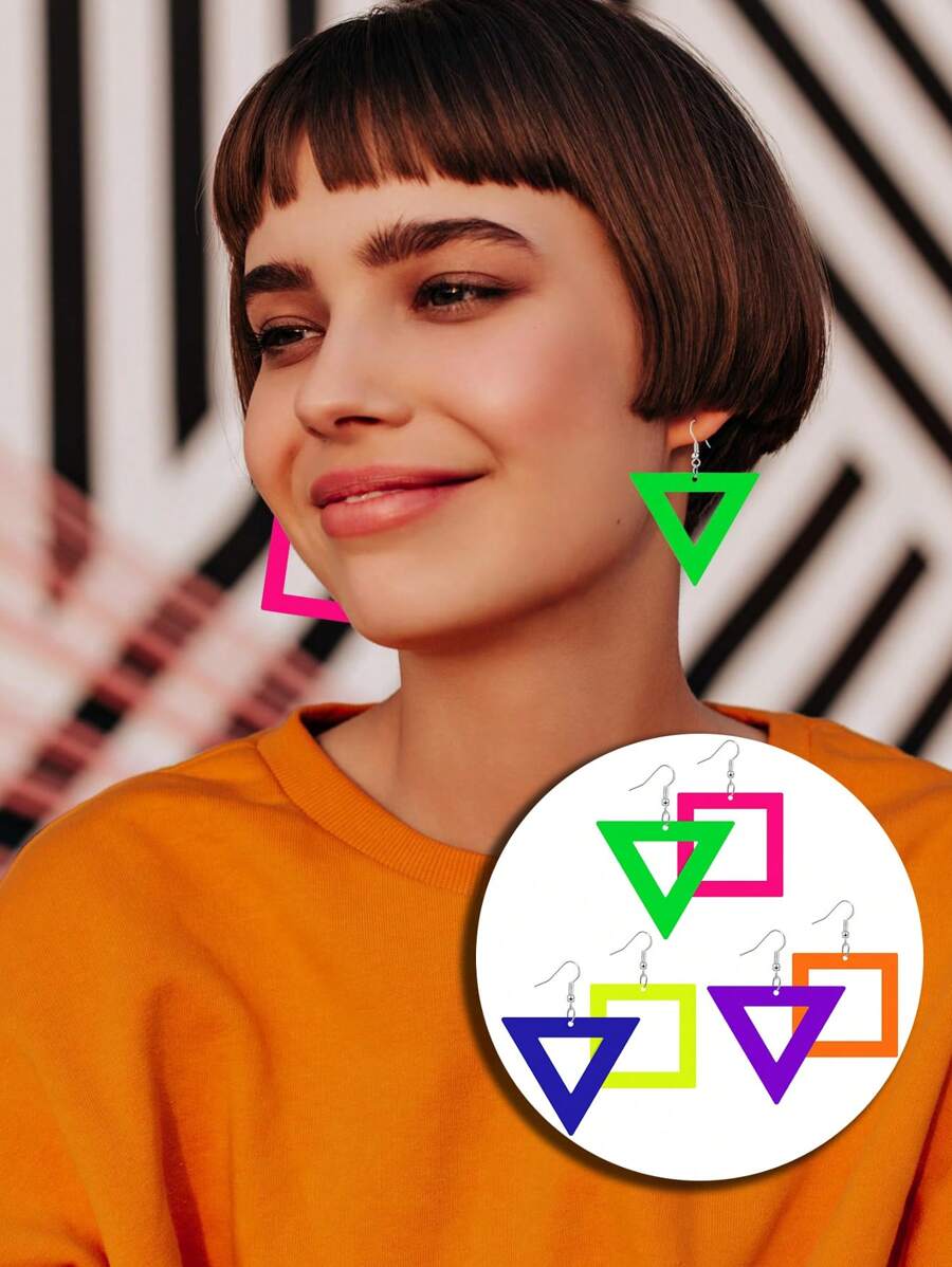 QYDCX 3 Cặp Hoa Tai Neon Thập Niên 80 90 Cho Nữ Mặt Dây Chuyền Acrylic Thả Dangle Cho Trang Phục Thập Niên 80 Phụ Kiện Dự Tiệc Phát Sáng (Nhiều Màu Sắc, Hình Tam Giác, Hình Vuông) - Nhiều màu - Xem 1