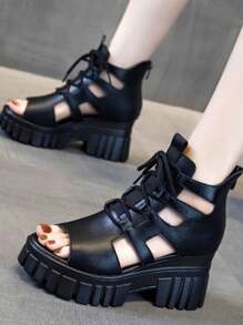 2026 New Summer Hollow Out Breathable Slim Roman Sandals, Versatile High Heel Thick Bottom Platform Wedge Sandals, Waterproof Thick Heel High Heels Sandals - Black - View 1