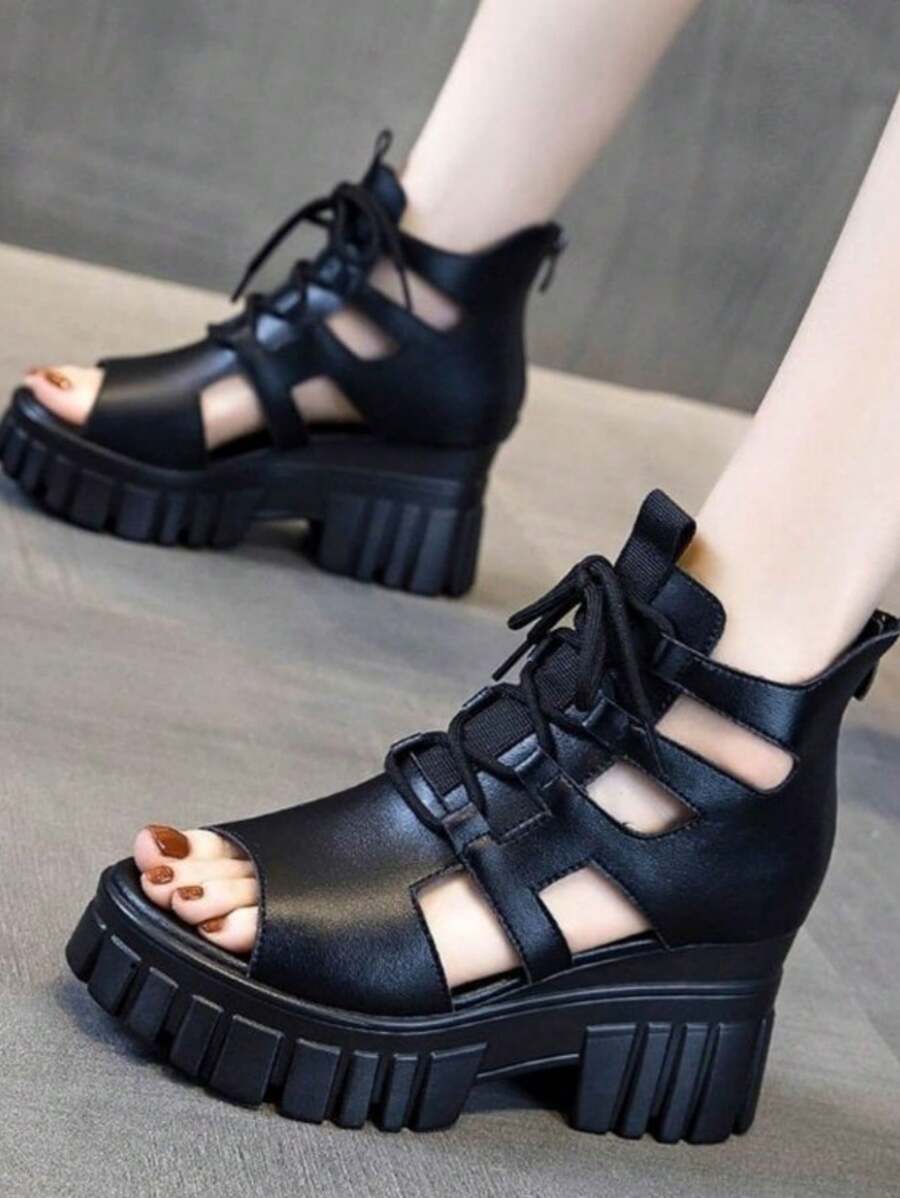2026 New Summer Hollow Out Breathable Slim Roman Sandals, Versatile High Heel Thick Bottom Platform Wedge Sandals, Waterproof Thick Heel High Heels Sandals - Black - View 1