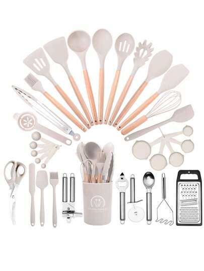 44pcs Premium Silicone Kitchen Utensil Set With Wooden Handles And Knife - Heat-Resistant, Non-Stick Friendly Cooking Tools & Bamboosy Cooking And Cleaning