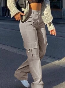 Women's Solid Color Utility Pocket Straight Leg Loose Casual Pants, Versatile - 淡紫色 - 查看 3