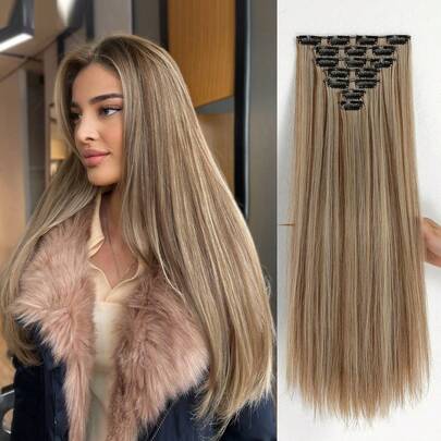 22" Black Brown With Golden Highlights Straight Hair Extension Clip-In, Suitable For Women, Golden Fluffy Red Brown Wavy Synthetic Hair Extension Clip-In Silver Dark Brown Hair Extension Clip-In