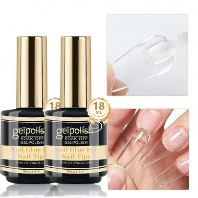 2支18毫升指甲胶，适用于指甲贴纸、指甲贴片和假指甲，超强粘性，持久性超过28天（需照灯固化），超强指甲延长胶