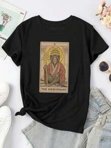 The Hierophant - Monkeys Tarot A Mystical Vintage Design For Women's Women's T-Women Shirt Featuring Halo Hierophant Monkey Religious Robe Staff Surrealism And Tarot - Black - View 1