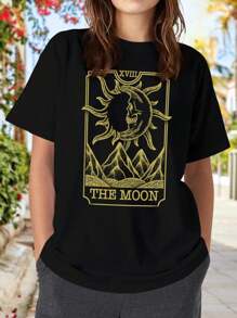 The Moon Mystical Dual Visage Tarot Card Design Featuring Skull And Mountains For Women's Women T-Women's Shirt - Bold Dual Visage Face Moon Mountains Mystical Skull Tarot Tarot Card XVIII - Black - View 1