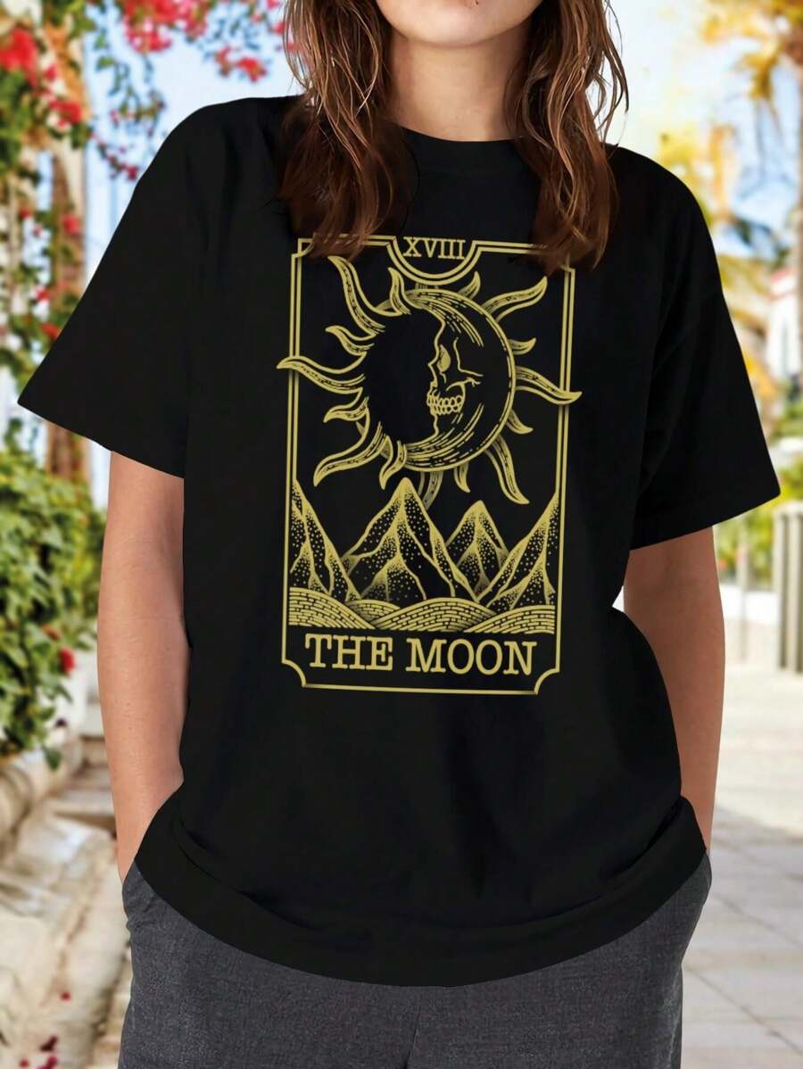 The Moon Mystical Dual Visage Tarot Card Design Featuring Skull And Mountains For Women's Women T-Women's Shirt - Bold Dual Visage Face Moon Mountains Mystical Skull Tarot Tarot Card XVIII - Black - View 1