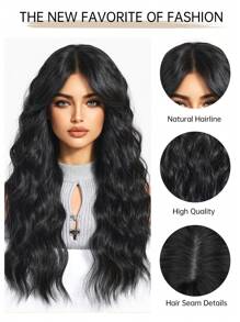 24-Inch Long Black Wavy Wigs For Women Black Curly Wigs With Air Bangs Water Wave Wig Synthetic Heat Resistant Fiber Wig For Daily Party Use - Black - View 9
