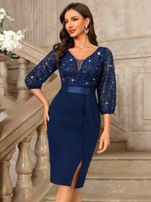 MIUSOL 经典亮片花卉蕾丝甜心领灯笼袖开叉大腿鸡尾酒会修身连衣裙