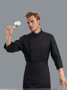 Men's Premium Chef Jacket, Oblique Collar Hidden Buttons, Work Uniform For Hotel, Restaurant, Bakery, Beverage Shop - Black - View 5