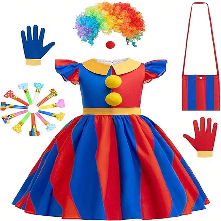 Circus Costume For Girls, 15count Kids Cosplay Clown Costume Set With Rainbow Clown Wig, Clown Nose, Rainbow Bag, Whistles Toys, Children's Halloween Carnival Costumes Girls Cosplay Clown Outfit - Multicolor - View 1