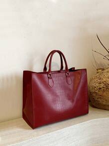 时尚蛇纹图案多功能旅行购物手提包，超大号手提包 时尚酒红色手提包 女士手提包 红色手提包 - 酒紅色 - 查看 5