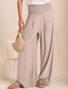 hoteel Women's High Waist Gathered Solid Color Casual Beach Wide Leg Pants Dance Pilates Yoga Pants - 米色 - 查看 2
