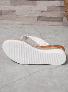 Plus Size Women's White Braided Thong Sandals With Comfortable Rope Bottom, Suitable For Everyday Wear, Home Or Outdoor, Thick Wedge Heel, Versatile And Casual,Spring Summer Outfits - White - View 9