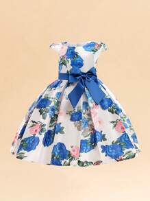 Young Girls Round Neck Floral Print Bow Decor Casual Dress, Headband Not Included - Royal Blue - View 4