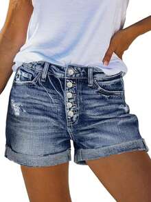 Classic Vintage Street Style Short Jeans With Rolled Hem, Distressed Front Button, Skinny Slim Fit, Blue Denim Wash - Medium Wash - View 3