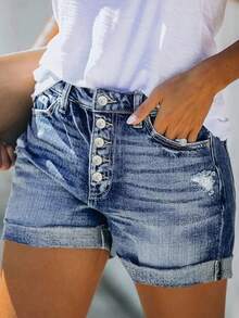 Classic Vintage Street Style Short Jeans With Rolled Hem, Distressed Front Button, Skinny Slim Fit, Blue Denim Wash - Medium Wash - View 4
