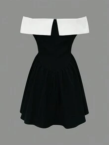 French New Style Bowknot One Shoulder Contrast Color Splicing Dress - Black and White - View 2