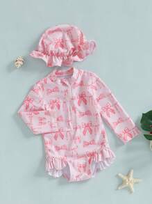 Baby Girl Long Sleeve Solid Bathing Suit Toddler Girl One Piece Ruffles Swimsuit Infant Girl Ruffle Rash Guard - Pink - View 2