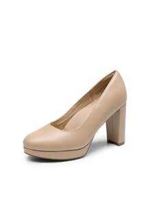 Women's Court Pumps Closed Round Toe Chunky High Heels Platform Work Elegant Comfortable Dress Shoes - 杏色 - 查看 4