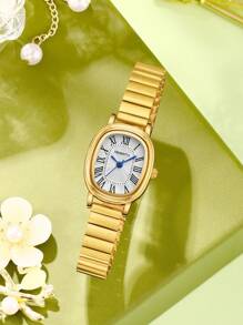 1 Stück Damen Edelstahl Band Vintage Römische Ziffern Zifferblatt Quarz Armbanduhr, geeignet für den täglichen Gebrauch