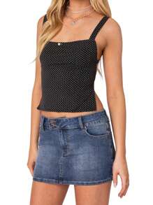 Women Tie Back Camisole Slim Dot Print Square Neck Backless Crop Cami Tops Summer Streetwear - 黑色 - 查看 6