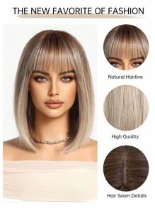 14 Inch Ombre Brown And Black Blond Wigs For Women Short Straight BOBO Wigs With Bangs Synthetic Heat Resistant Wigs Stylish Fashionable Wigs, Synthetic Fiber Hair Replacement Wigs For Women Girls For Daily Party Cosplay Taking Photos Use - 漸層 - 查看 9