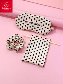 3pcs/Set Black Polka Dot Printed Eye Mask, Scrunchie, And Storage Bag Set, Silky Soft Texture, Ideal For Resting, Dressing Up, And Storage - Black and White - View 1