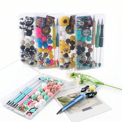 54pcs/Box Various Animal Silicone Focal Beads, Silicone Round Beads, And Silicone Printed Round Beads, Lentil Beads, And Pens For DIY Pens Jewelry Making Kits