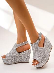 Women's Silver Glitter High Heel Sandals With Thick Platform, Strap Buckle, Summer Outdoor Fashionable Versatile Shoes - Silver - View 5