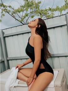 Women Summer Bathing Suit, One-Piece Solid Color Sleeveless Padded Bikini, Mesh One Shoulder Off Wire Free Swimming Suit - Black - View 7