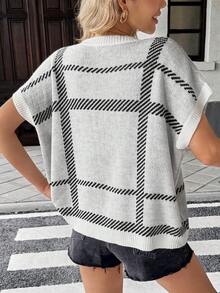 Knit Mix Loose Casual Women Pullover Sweater, Plaid Pattern Round Neck Oversized Knitted Top, Commuting Style (Random Stripes) - White - View 2