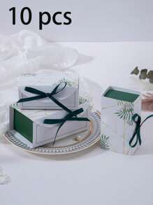 10pcs Leaf Print Gift Box With Ribbon, Paper Candy Box For Wedding