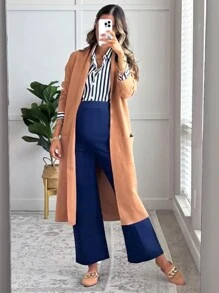 Buttery Soft High Waisted Over The Belly Full Length Wide Leg Maternity Yoga Palazzo Pants - Blue - View 7
