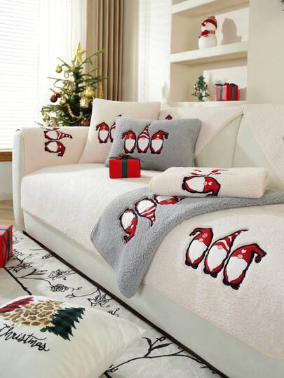 1 Pc Gnomes Christmas Decorations Sofa Cover, Thickened Warmly Sherpa Fleece Couch Cover Sofa Slipcover For Living Room Decor