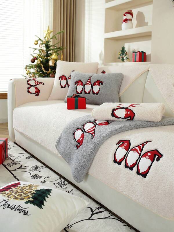 1 Pc Gnomes Christmas Decorations Sofa Cover, Thickened Warmly Sherpa Fleece Couch Cover Sofa Slipcover For Living Room Decor