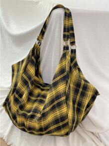 Large Capacity Plaid Pattern Shoulder Bag, Women's Crossbody Bag, Casual Multifunctional Tote Bag, Lightweight And Foldable, Soft Fabric, Zipper Design, Suitable For Work, Study, Travel - Yellow - View 9