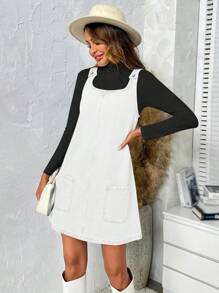 Classic Retro Women's Sleeveless Crewneck Denim Mini Overall Dress With Pockets - 白色 - 查看 2