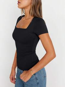 GEREARC Women's Square Neck Cute Short Sleeve T Shirts Double Lined Basic Tee Slim Fit Tops - 黑色 - 查看 5