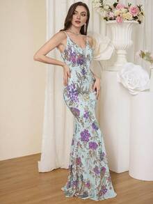 Rochie elegantă, mulată, cu paiete, cu decolteu în V, bretele spaghete, bust cu burete, potrivită pentru evenimente formale, nunți, cocktailuri, rochie de petrecere, rochie de invitată la nuntă, rochie de seară, rochie de seară - Menta verde - Vizualizare 6