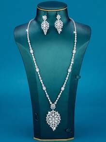 DV JEWELRY 3pcs Set Platinum Plated Zirconia Jewelry Set - Necklace & Earrings, Elegant For Women, Gift For Party, Anniversary