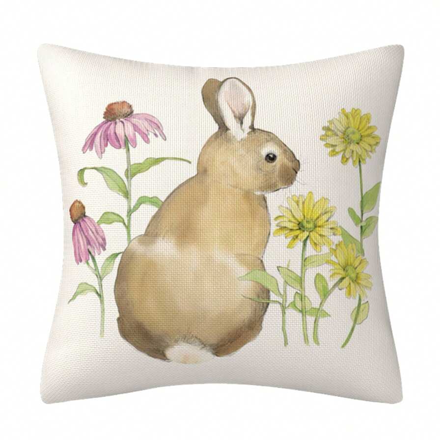 Fundas de almohada de Pascua con diseño vintage de conejito de acuarela y flores, fundas de cojín para el hogar - Blanco - Ver 1