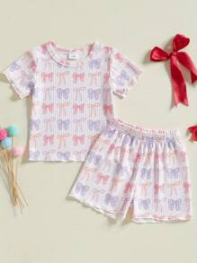 Toddler Girls Ribbed Shorts Set Bow/Heart Print Short Sleeve Round Neck Tops Elastic Waistband Shorts - 紫色 - 查看 4