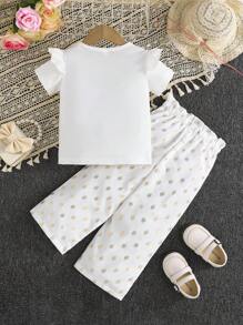 2 件套年轻女孩盖袖上衣，带月亮印花和波尔卡圆点荷叶边装饰裤，休闲装 - 白色 - 查看 2