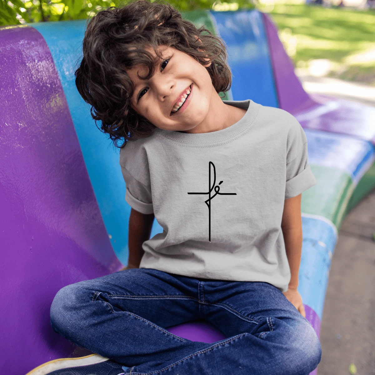 100% Cotton T-Shirt For Children And Youth Short Sleeve Faith Print 06 To 16 - Màu Xám nhạt - Xem 1