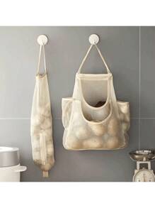 1pc Onion Ginger Garlic Storage Bag Vegetable Hanging Net Bag Wall-Mounted Shopping Bag Garbage Storage Mesh Bag - Beige - View 1